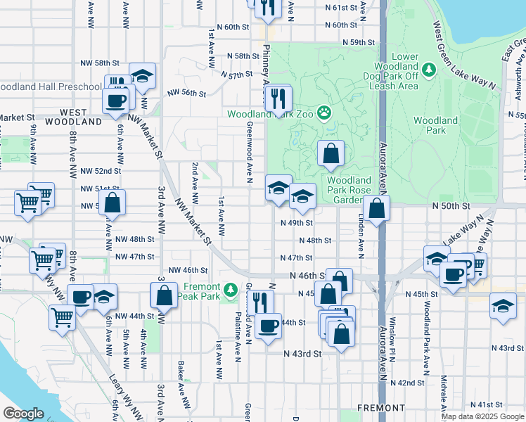 map of restaurants, bars, coffee shops, grocery stores, and more near 5014 Greenwood Avenue North in Seattle