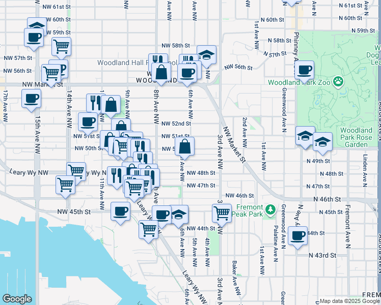 map of restaurants, bars, coffee shops, grocery stores, and more near 613 Northwest 51st Street in Seattle