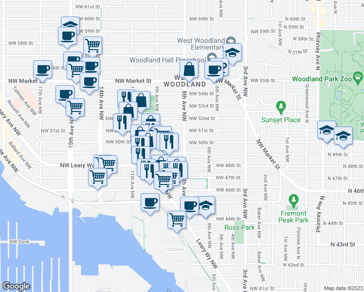 map of restaurants, bars, coffee shops, grocery stores, and more near 815 Northwest 51st Street in Seattle