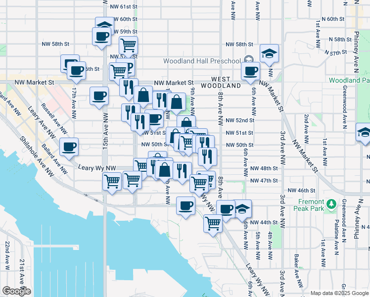 map of restaurants, bars, coffee shops, grocery stores, and more near 929 Northwest 51st Street in Seattle