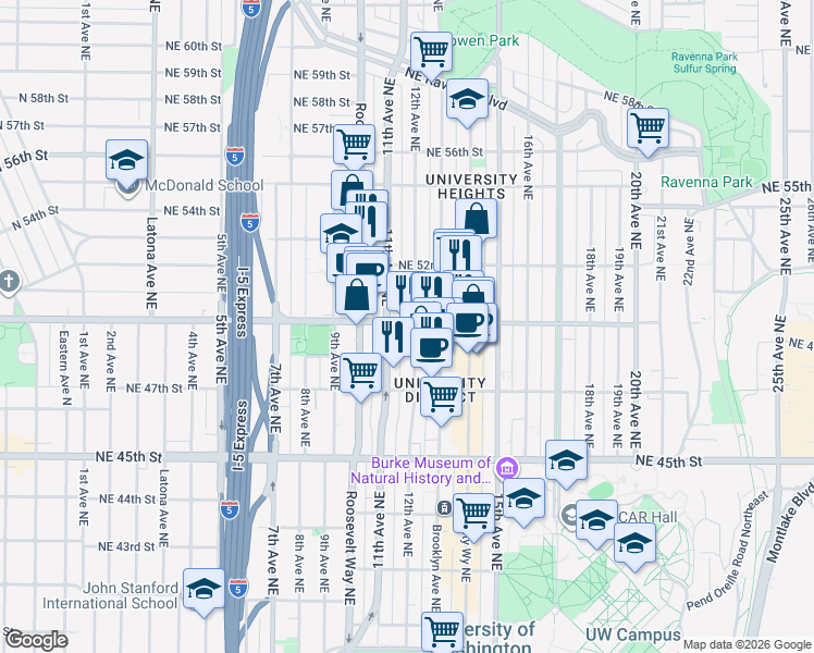 map of restaurants, bars, coffee shops, grocery stores, and more near 4751 12th Avenue Northeast in Seattle