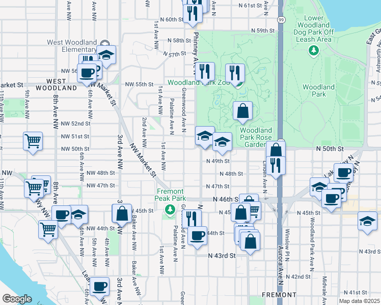 map of restaurants, bars, coffee shops, grocery stores, and more near 5014 Greenwood Avenue North in Seattle