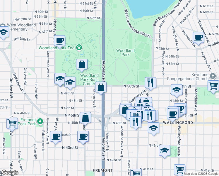 map of restaurants, bars, coffee shops, grocery stores, and more near 1000 North 50th Street in Seattle