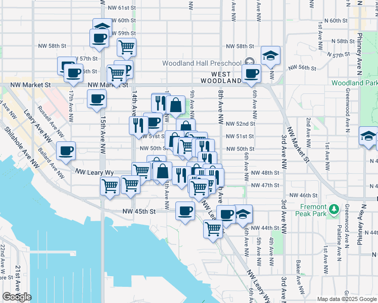map of restaurants, bars, coffee shops, grocery stores, and more near 851 Northwest 51st Street in Seattle