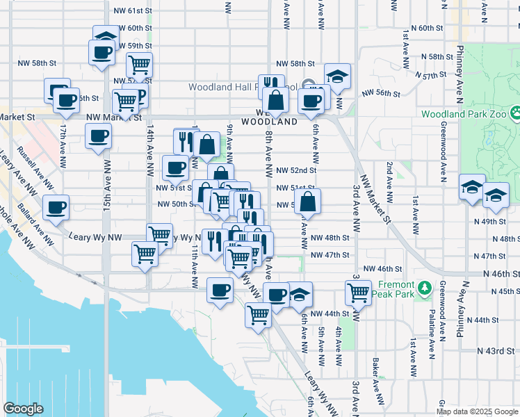 map of restaurants, bars, coffee shops, grocery stores, and more near 811 Northwest 50th Street in Seattle