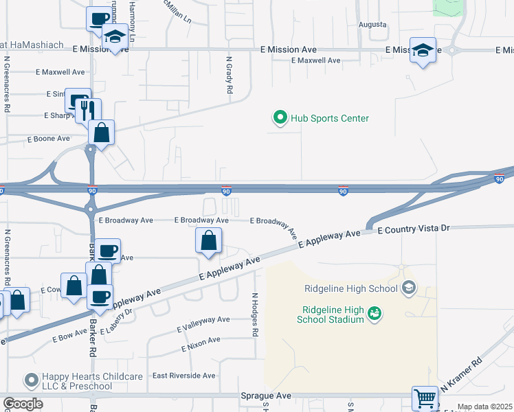 map of restaurants, bars, coffee shops, grocery stores, and more near 19425 East Broadway Avenue in Spokane Valley