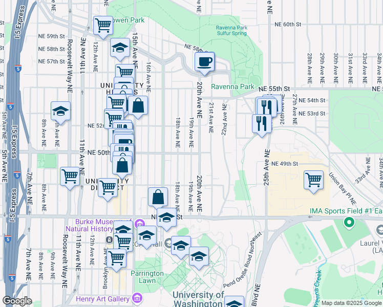 map of restaurants, bars, coffee shops, grocery stores, and more near 19th Avenue Northeast & Northeast 50th Street in Seattle