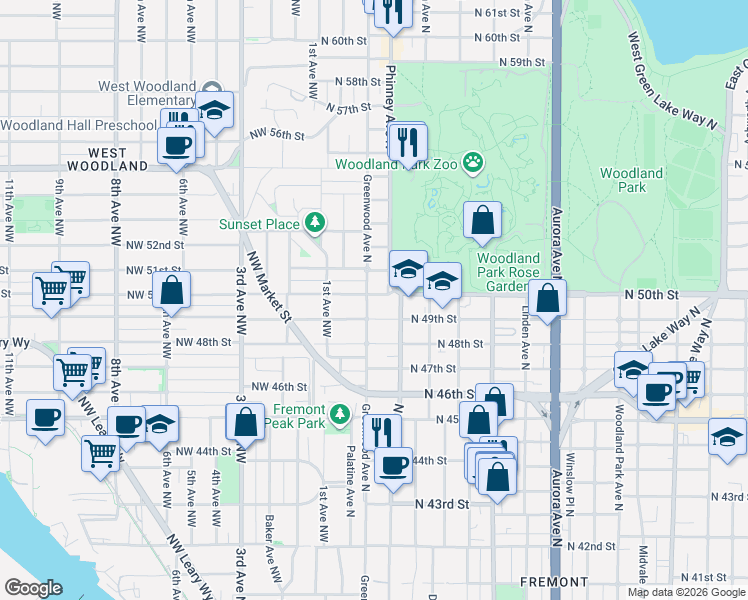map of restaurants, bars, coffee shops, grocery stores, and more near 5014 Greenwood Avenue North in Seattle