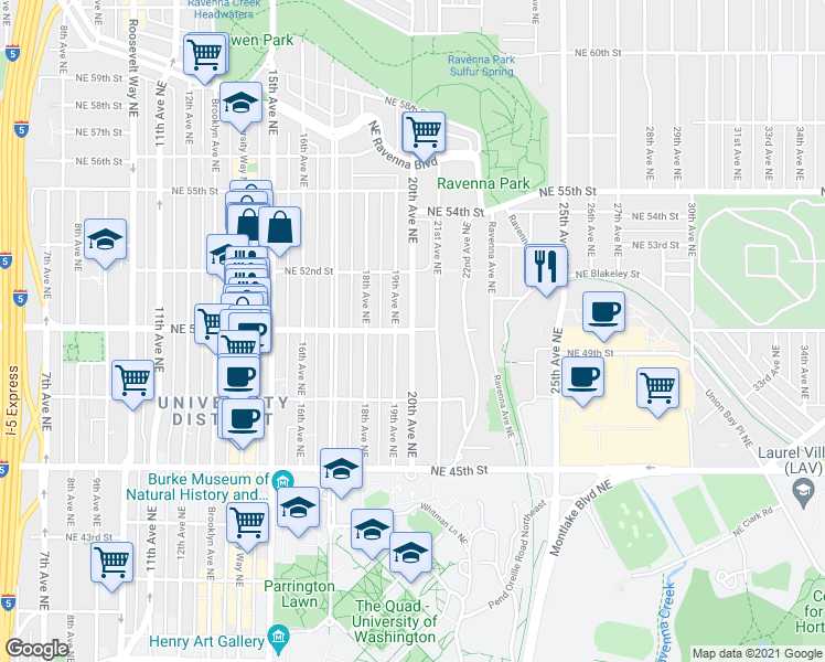 map of restaurants, bars, coffee shops, grocery stores, and more near 20th Avenue Northeast & Northeast 50th Street in Seattle