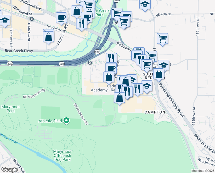 map of restaurants, bars, coffee shops, grocery stores, and more near 17460 Northeast 67th Court in Redmond