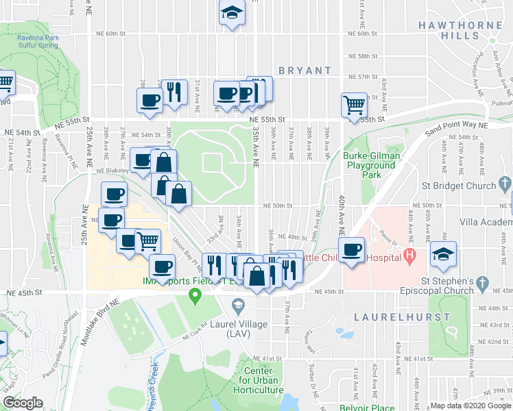 map of restaurants, bars, coffee shops, grocery stores, and more near 35th Avenue Northeast & Northeast 50th Street in Seattle