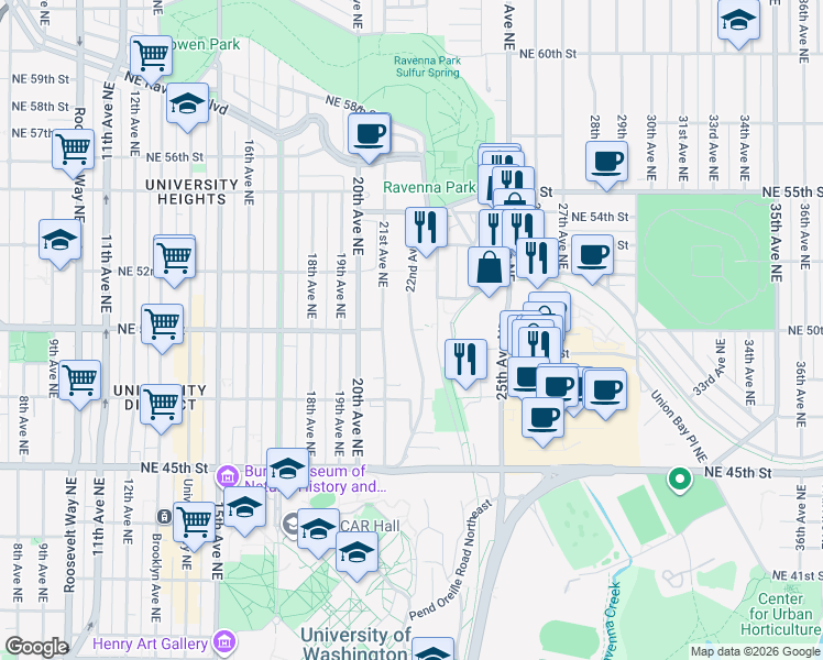 map of restaurants, bars, coffee shops, grocery stores, and more near Northeast 50th Street in Seattle