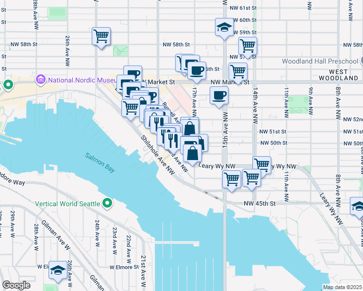 map of restaurants, bars, coffee shops, grocery stores, and more near Northwest Dock Place in Seattle