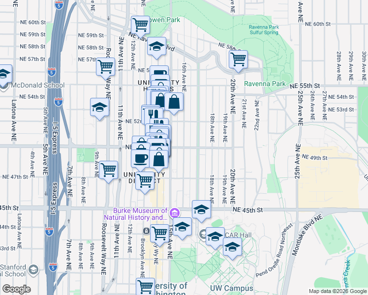map of restaurants, bars, coffee shops, grocery stores, and more near NE 50th St & 16th Ave NE in Seattle
