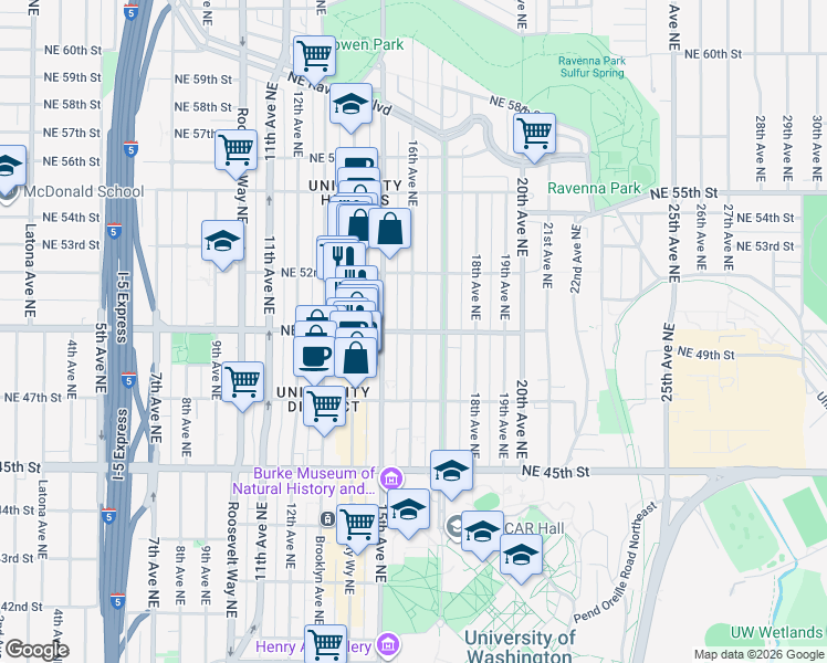 map of restaurants, bars, coffee shops, grocery stores, and more near 5018 16th Avenue Northeast in Seattle