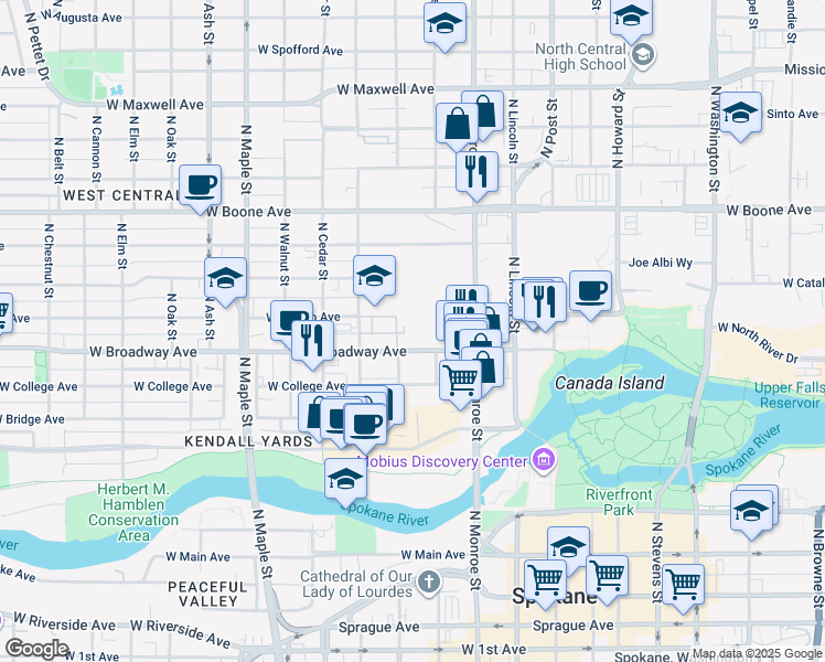 map of restaurants, bars, coffee shops, grocery stores, and more near in Spokane