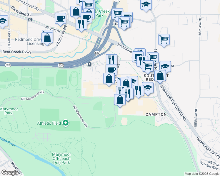 map of restaurants, bars, coffee shops, grocery stores, and more near 17460 Northeast 67th Court in Redmond