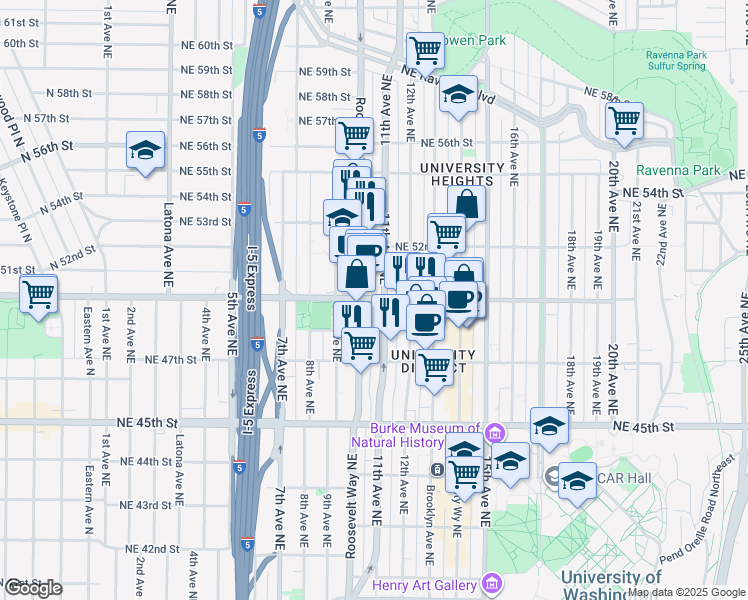 map of restaurants, bars, coffee shops, grocery stores, and more near 5019 Roosevelt Way Northeast in Seattle