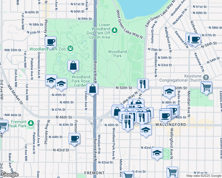 map of restaurants, bars, coffee shops, grocery stores, and more near 1000 North 50th Street in Seattle