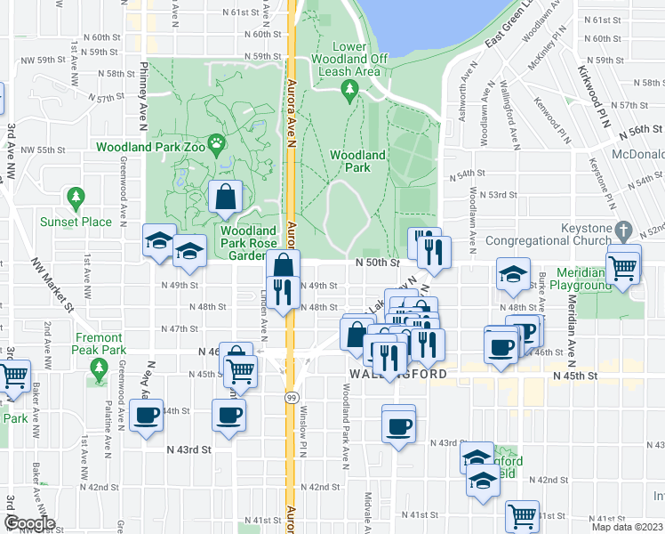 map of restaurants, bars, coffee shops, grocery stores, and more near 1000 North 50th Street in Seattle