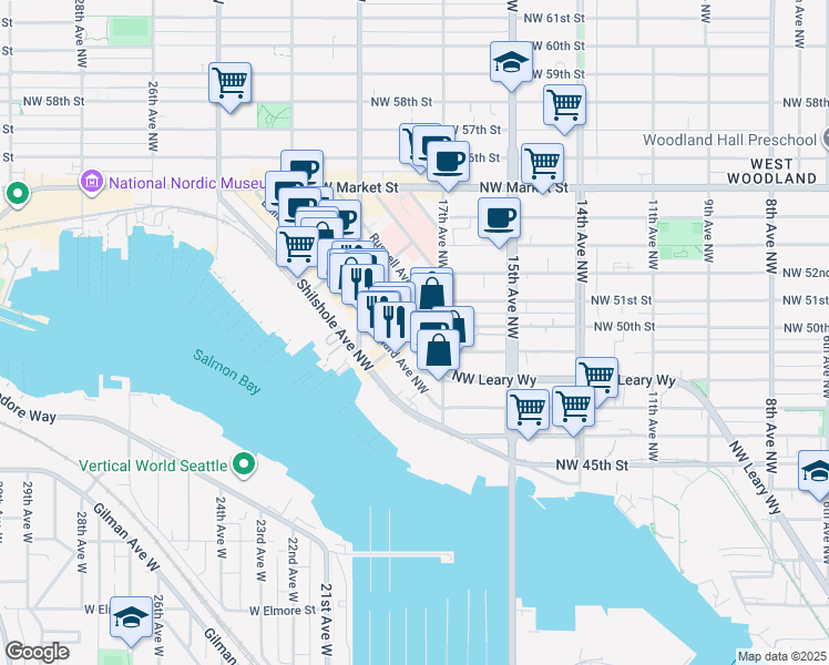 map of restaurants, bars, coffee shops, grocery stores, and more near in Seattle