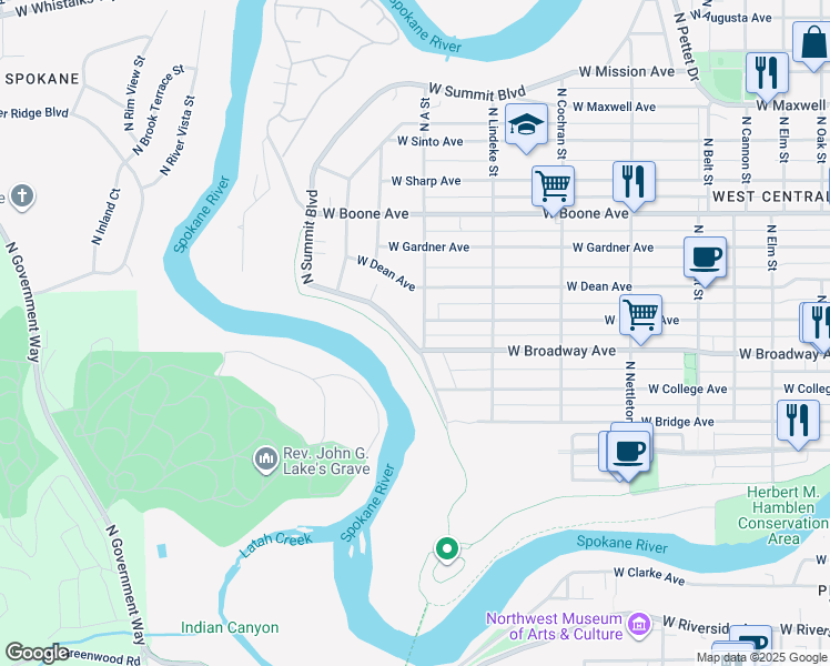 map of restaurants, bars, coffee shops, grocery stores, and more near 820 North Summit Boulevard in Spokane