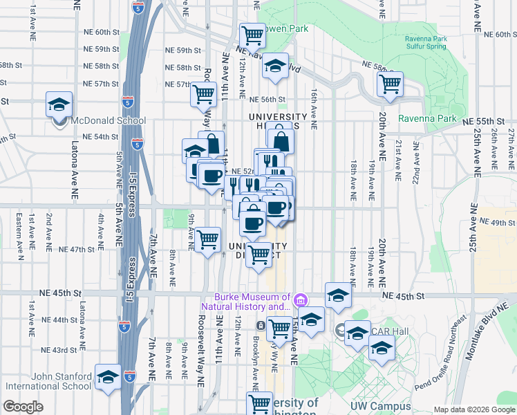 map of restaurants, bars, coffee shops, grocery stores, and more near NE 50th St & Brooklyn Ave NE in Seattle