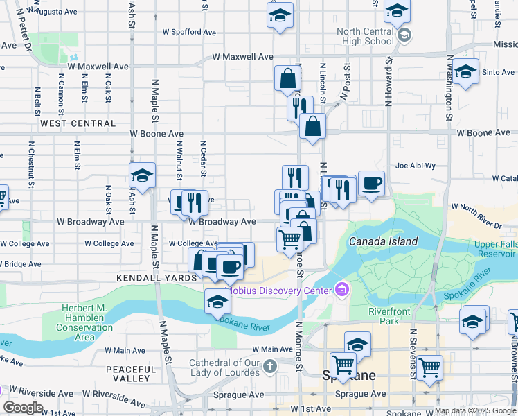 map of restaurants, bars, coffee shops, grocery stores, and more near 1116 West Broadway Avenue in Spokane