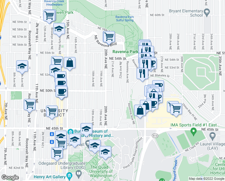 map of restaurants, bars, coffee shops, grocery stores, and more near NE 50th St & 21st Ave NE in Seattle