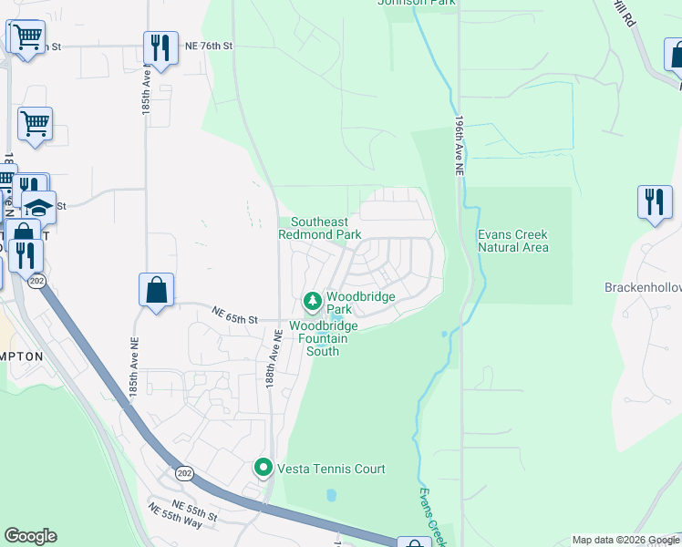map of restaurants, bars, coffee shops, grocery stores, and more near 6557 191st Place Northeast in Redmond