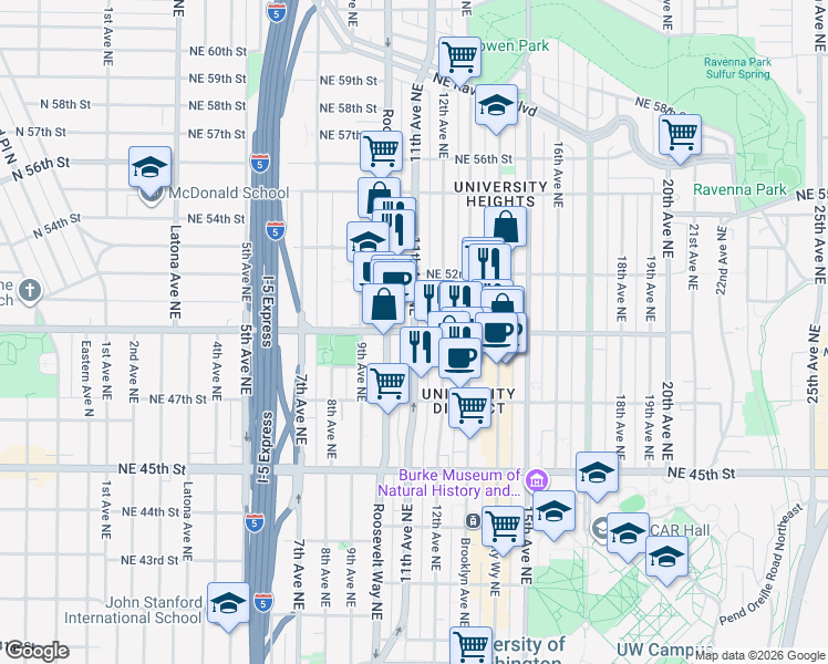 map of restaurants, bars, coffee shops, grocery stores, and more near 11th Ave NE & NE 50th St in Seattle