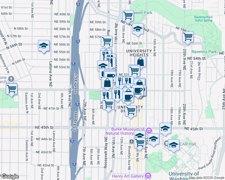 map of restaurants, bars, coffee shops, grocery stores, and more near 1020 Northeast 50th Street in Seattle