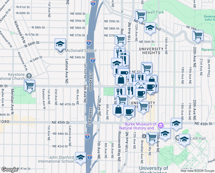map of restaurants, bars, coffee shops, grocery stores, and more near 8th Ave NE & NE 50th St in Seattle