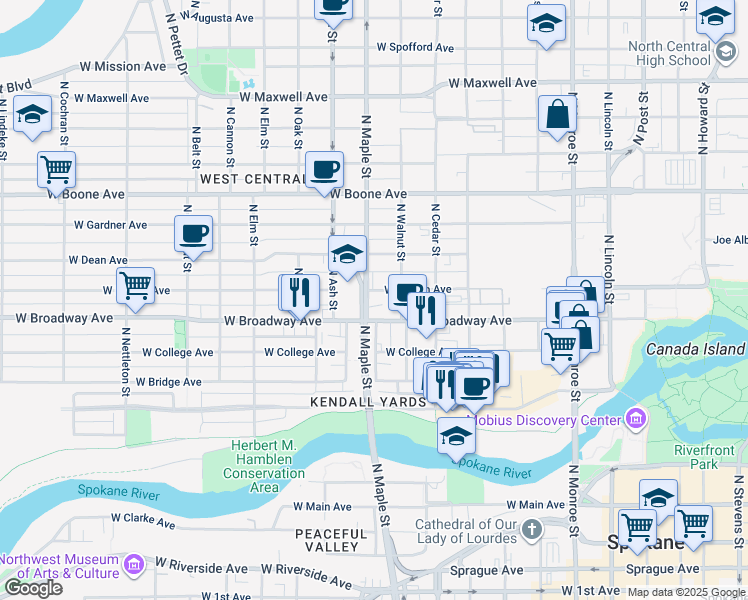 map of restaurants, bars, coffee shops, grocery stores, and more near 1527 West Mallon Avenue in Spokane