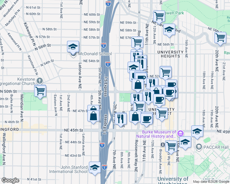 map of restaurants, bars, coffee shops, grocery stores, and more near 7th Avenue Northeast & Northeast 50th Street in Seattle