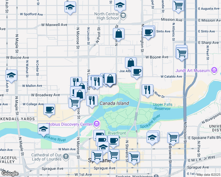 map of restaurants, bars, coffee shops, grocery stores, and more near 621 West Mallon Avenue in Spokane