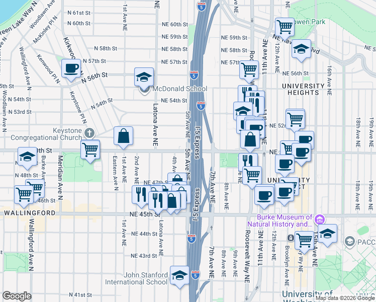 map of restaurants, bars, coffee shops, grocery stores, and more near 5th Ave NE & NE 50th St in Seattle