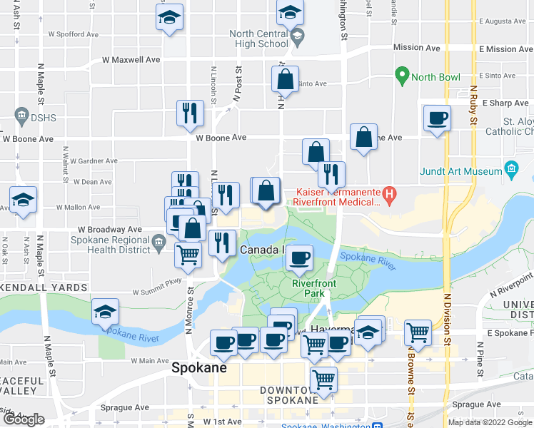 map of restaurants, bars, coffee shops, grocery stores, and more near 621 West Mallon Avenue in Spokane