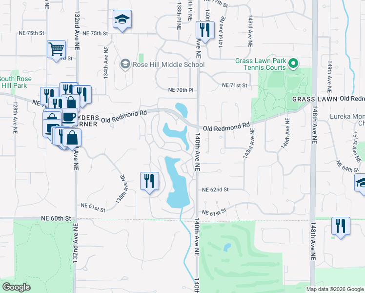 map of restaurants, bars, coffee shops, grocery stores, and more near 6702 139th Avenue Northeast in Redmond