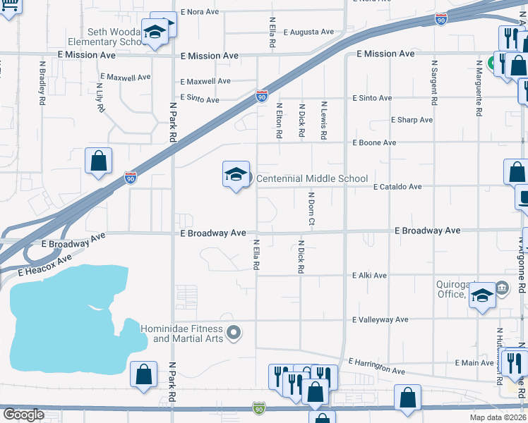 map of restaurants, bars, coffee shops, grocery stores, and more near 916 North Ella Road in Spokane Valley