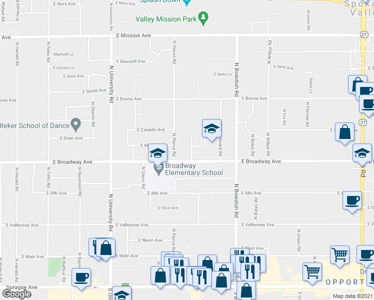 map of restaurants, bars, coffee shops, grocery stores, and more near 907 Johnson Court in Spokane Valley
