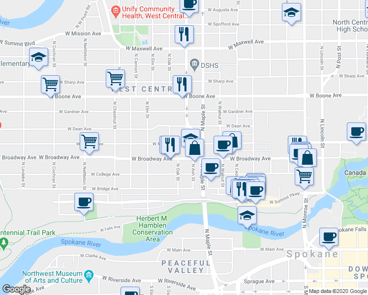 map of restaurants, bars, coffee shops, grocery stores, and more near 1600 West Mallon Avenue in Spokane