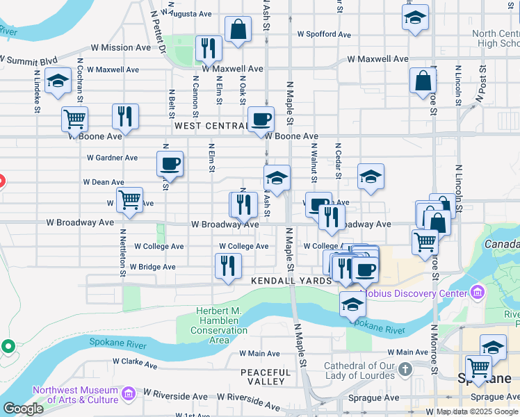 map of restaurants, bars, coffee shops, grocery stores, and more near 1724 West Mallon Avenue in Spokane