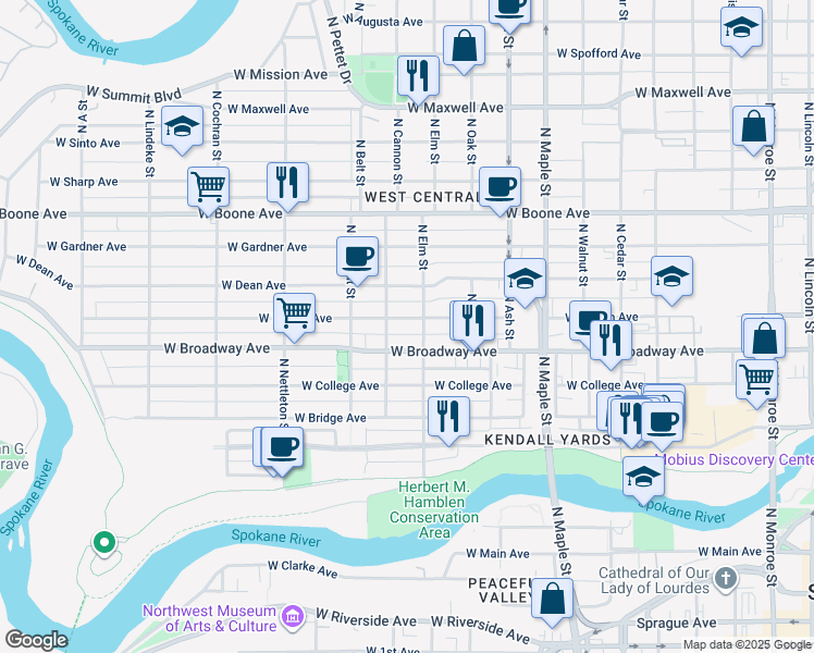 map of restaurants, bars, coffee shops, grocery stores, and more near 1912 West Mallon Avenue in Spokane