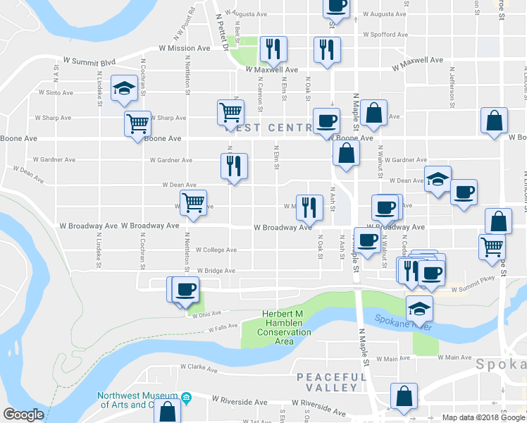 map of restaurants, bars, coffee shops, grocery stores, and more near 1912 West Mallon Avenue in Spokane