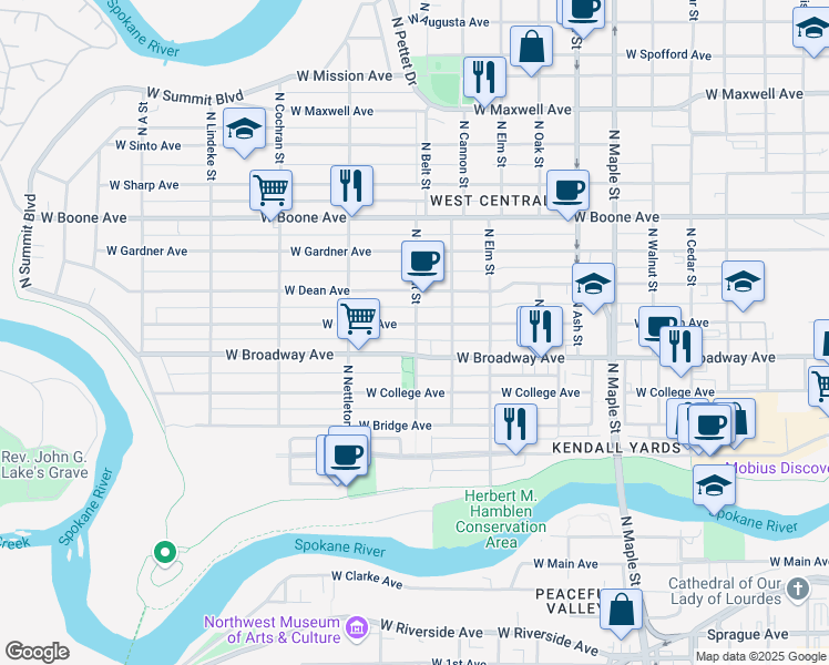 map of restaurants, bars, coffee shops, grocery stores, and more near 2118 West Mallon Avenue in Spokane