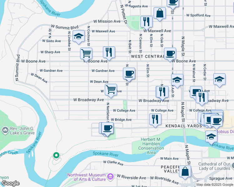 map of restaurants, bars, coffee shops, grocery stores, and more near 2118 West Mallon Avenue in Spokane