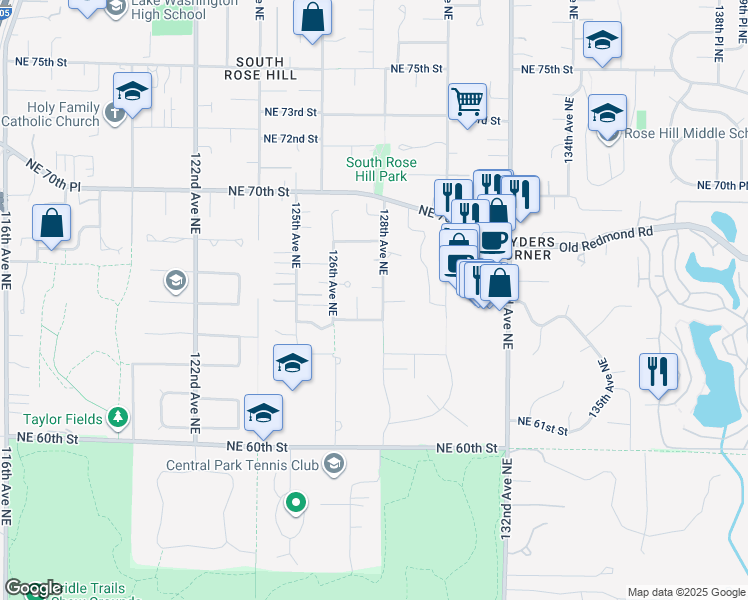 map of restaurants, bars, coffee shops, grocery stores, and more near 12624 Northeast 66th Place in Kirkland