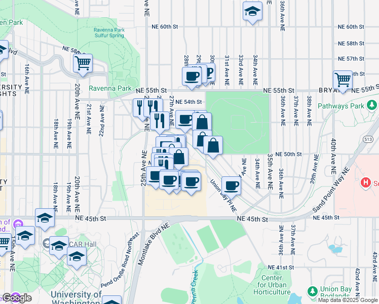 map of restaurants, bars, coffee shops, grocery stores, and more near 2909 Northeast Blakeley Street in Seattle