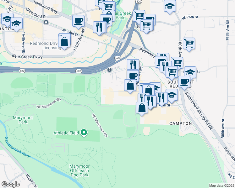 map of restaurants, bars, coffee shops, grocery stores, and more near 17305 Northeast 67th Court in Redmond